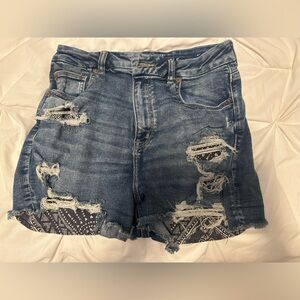 American Eagle Outfitters Distressed Blue Denim Shorts with Bandana Panels